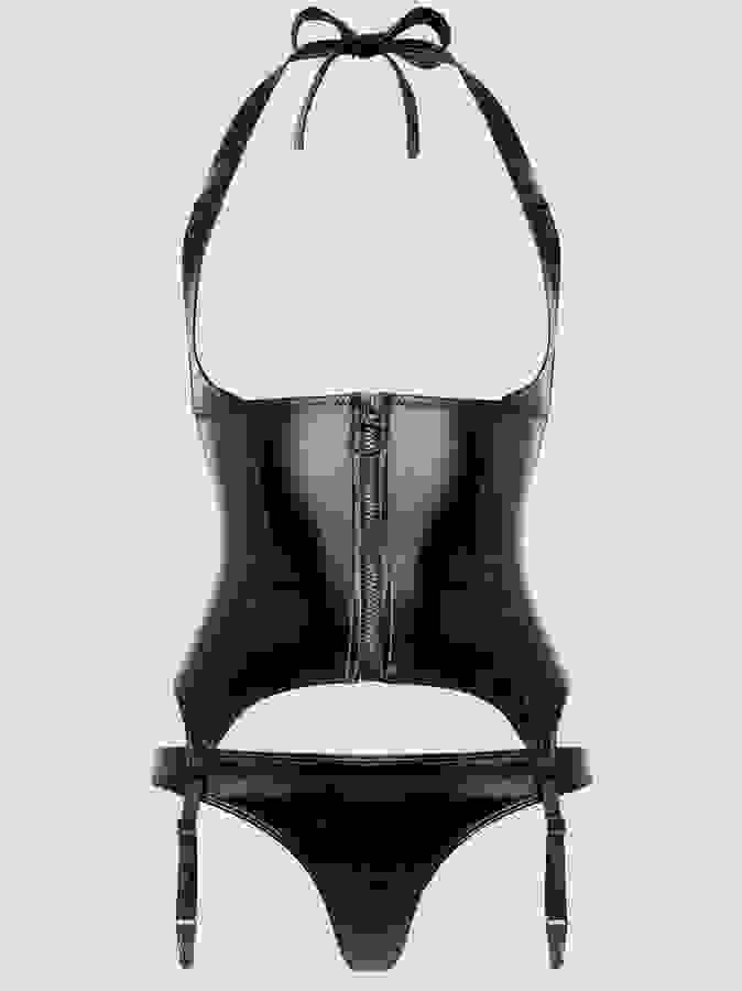 Lovehoney Plus Size Fierce Wet Look Underbust Bustier Set , Black, hi-res